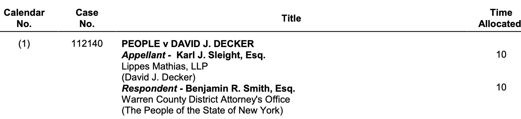 AD3 court calendar showing David J. Decker's case