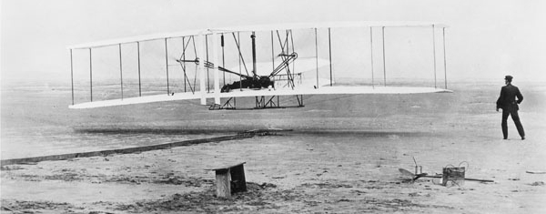 Wright Bros. photo of their first flight, 17 December 1903, 12 seconds